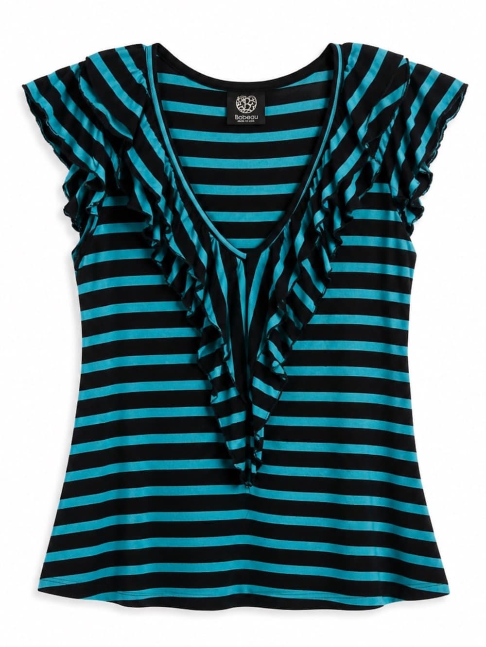 Bobeau Black Teal Striped Ruffle Front Flutter Sleeve Blouse S - Thumbnail 7