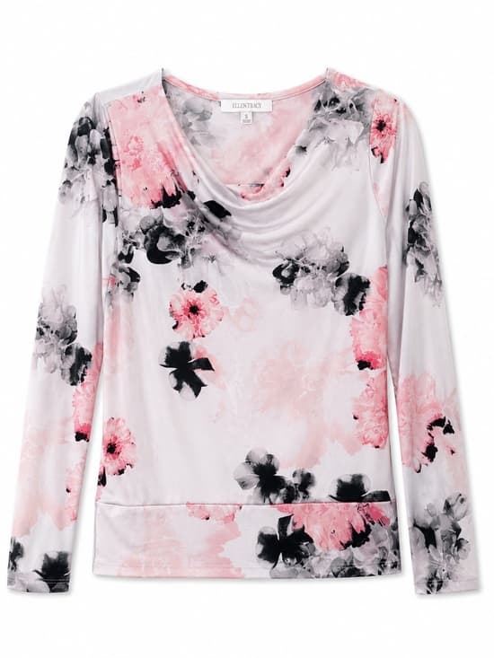Ellen Tracy Women's Pink Black Watercolor Floral Long Sleeve Blouse Size Small - Thumbnail 8