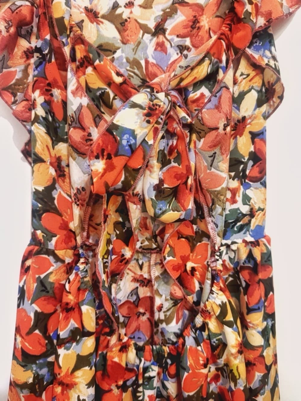 Women's Multicolor Floral Ruffle Strap Romper Tie Waist Sleeveless Size Small - Thumbnail 4