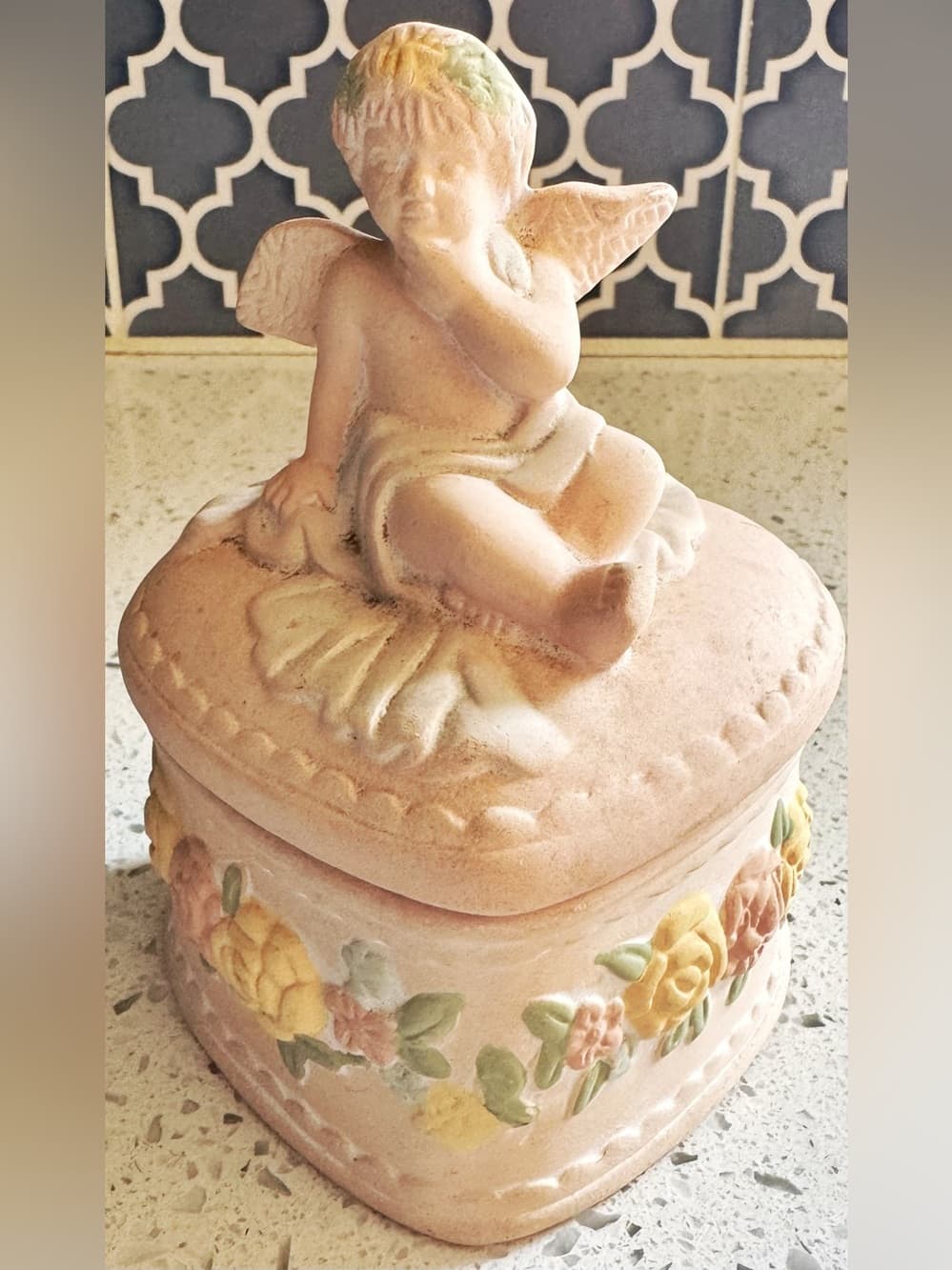 Vintage Pink Ceramic Cherub Heart Trinket Jewelry Box Floral
