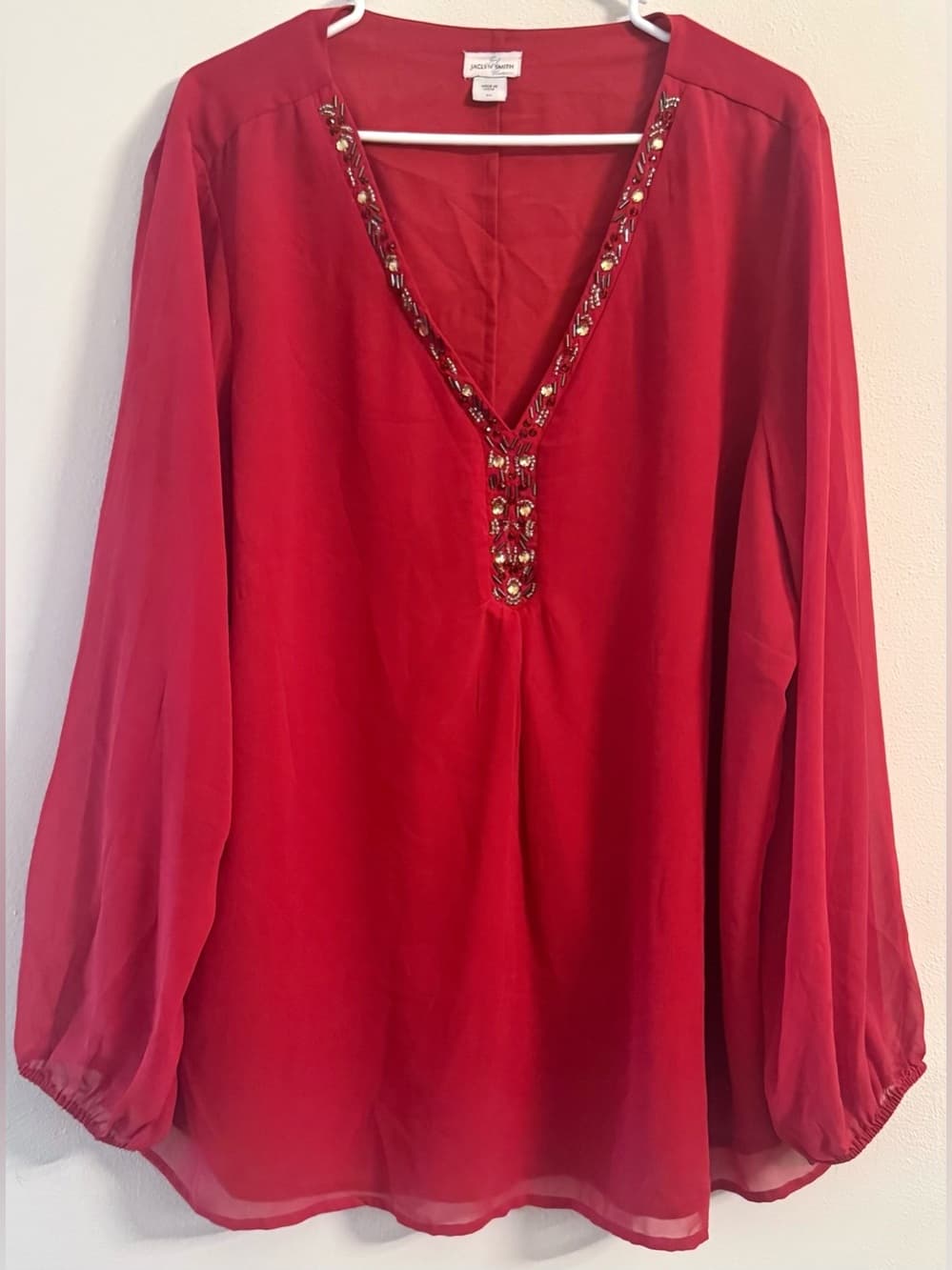 Jaclyn Smith Women's Red Jeweled V-Neck Long Sleeve Blouse Plus Size 2X