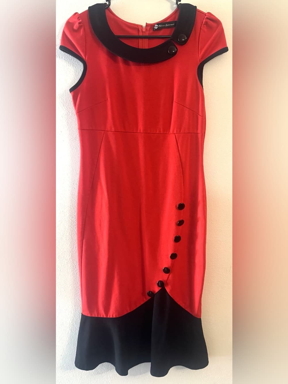 Nice-Forever Women's Red Black Trim Cap Sleeve Fit & Flare Midi Dress Size Large