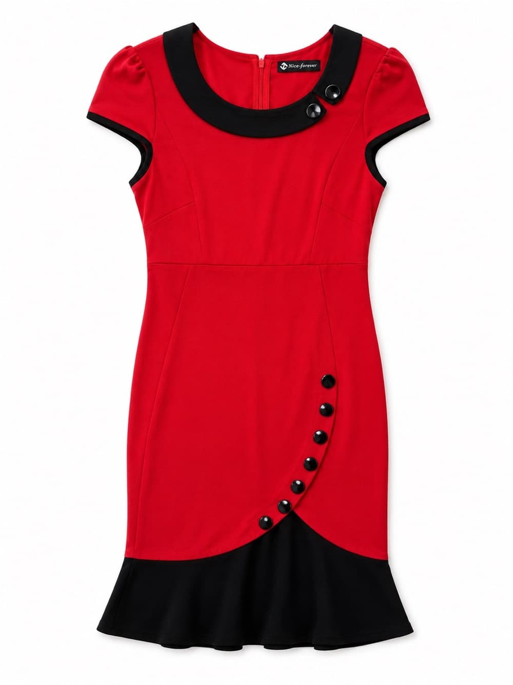 Nice-Forever Women's Red Black Trim Cap Sleeve Fit & Flare Midi Dress Size Large - Thumbnail 7