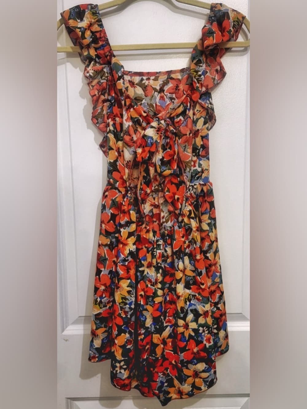 Women's Multicolor Floral Ruffle Strap Romper Tie Waist Sleeveless Size Small - Thumbnail 2