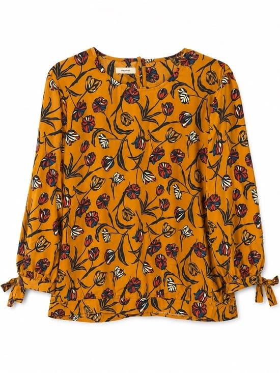 Maurices Mustard Floral Print Tie Cuff Long Sleeve Blouse XL - Thumbnail 10