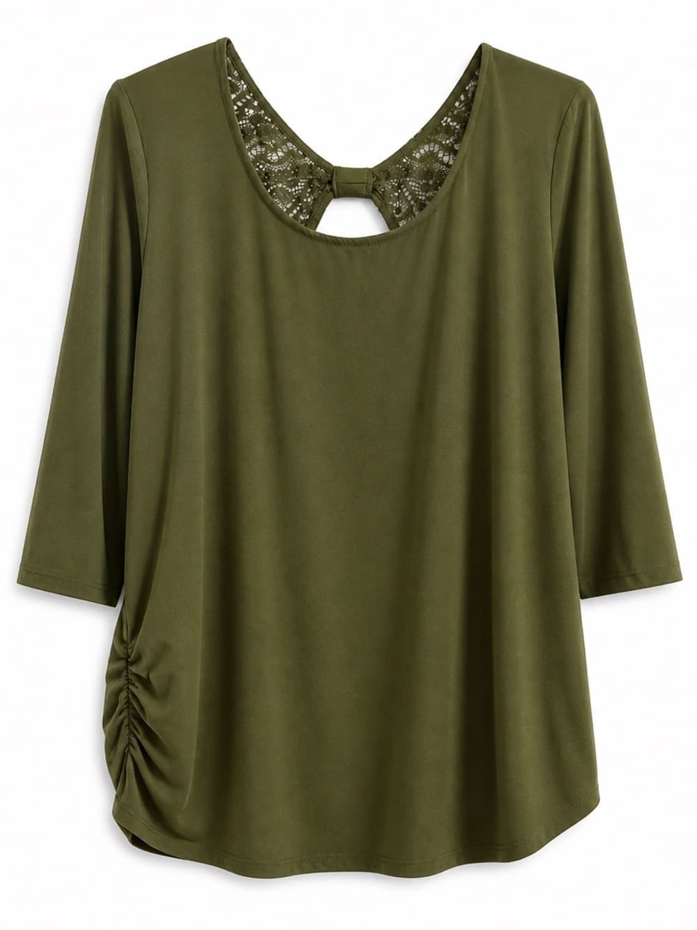 Olive Green Lace Back Blouse XL 3/4 Sleeve Ruched Casual Boho Top - Thumbnail 5