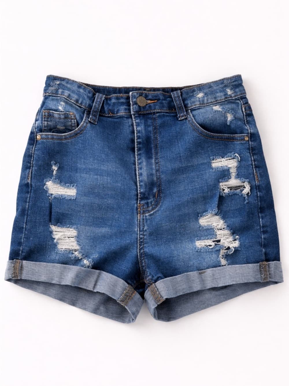 SHEIN High Waisted Ripped Denim Shorts Size 6 Stretch Cuffed Blue y2k - Thumbnail 10
