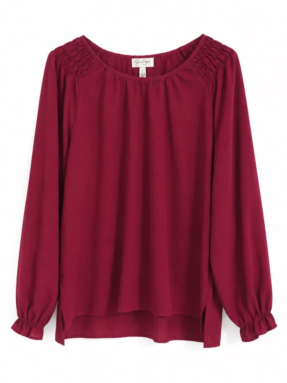 Jessica Simpson Burgundy Long Sleeve Blouse L Smocked Shoulder Ruched Cuff Boho - Thumbnail 8