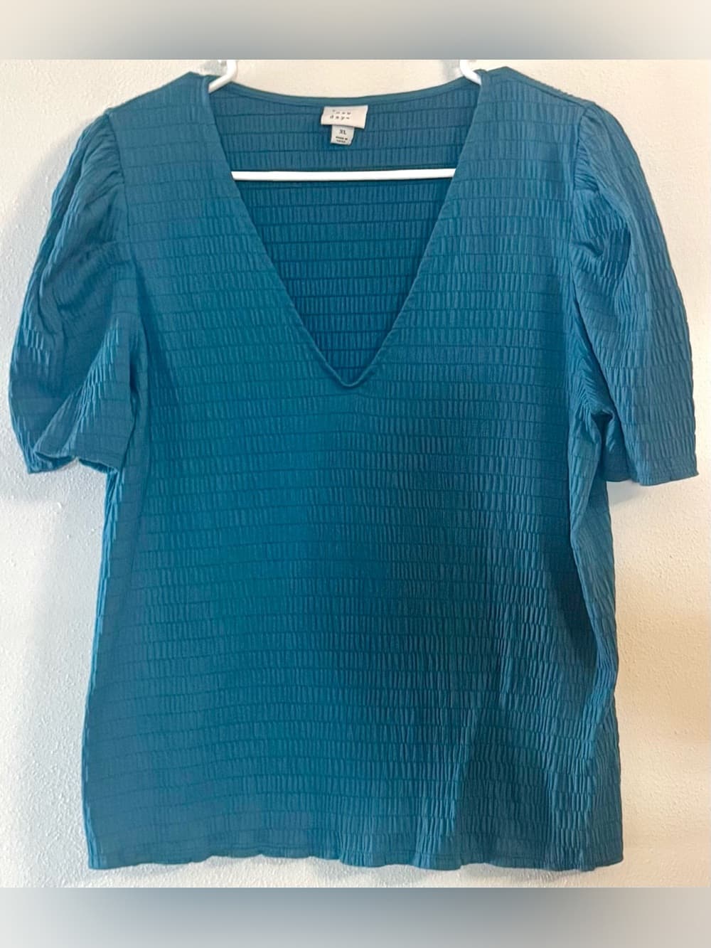 A New Day Women's Teal Smocked Puff Sleeve V-Neck Top Size XL