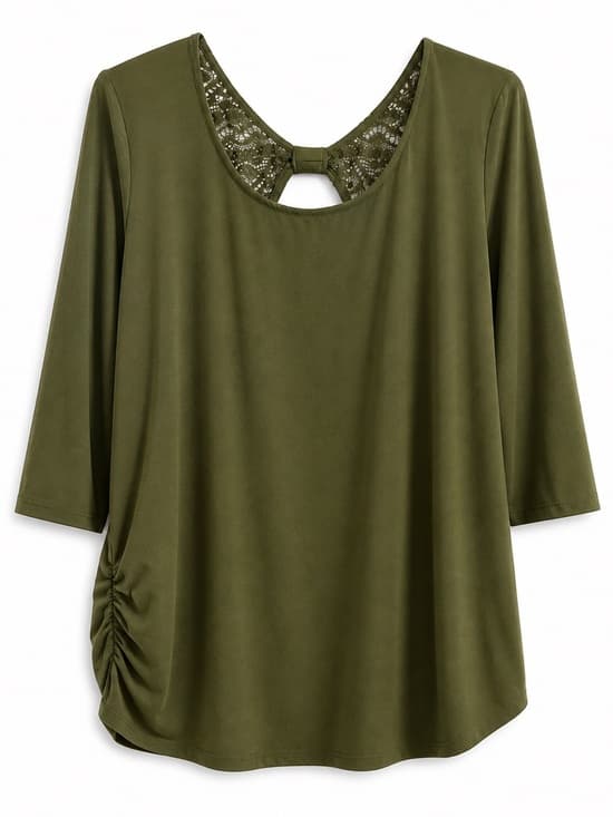 Olive Green Lace Back Blouse XL 3/4 Sleeve Ruched Casual Boho Top - Thumbnail 6