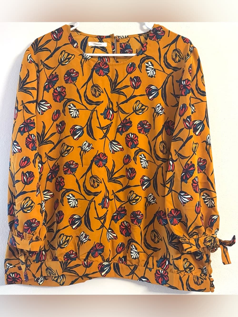 Maurices Mustard Floral Print Tie Cuff Long Sleeve Blouse XL