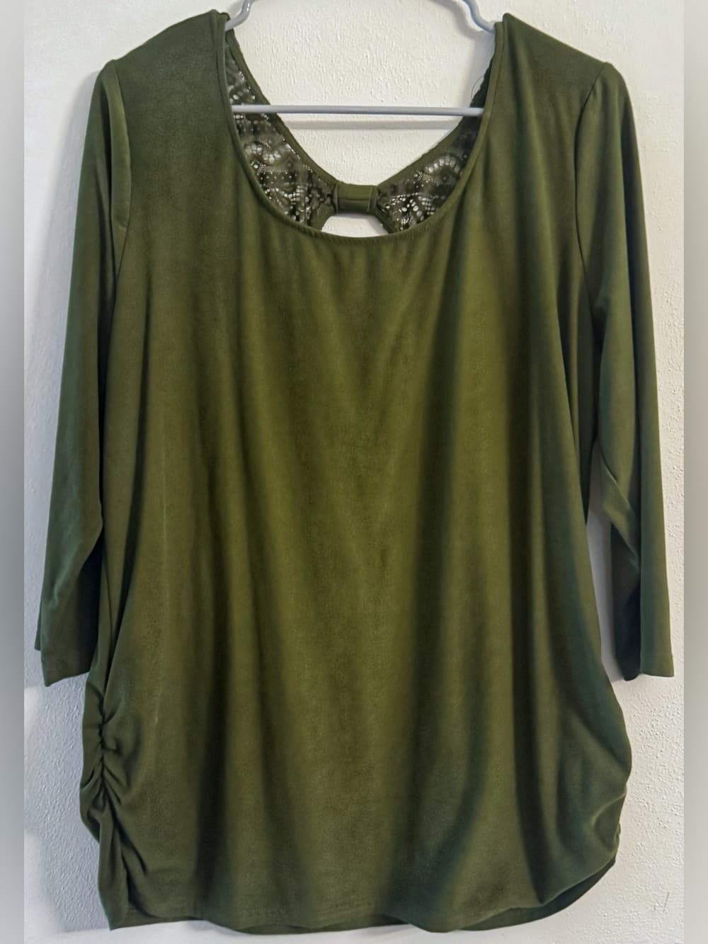 Olive Green Lace Back Blouse XL 3/4 Sleeve Ruched Casual Boho Top