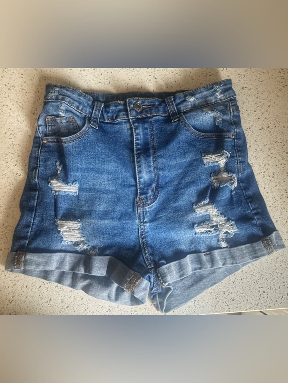 SHEIN High Waisted Ripped Denim Shorts Size 6 Stretch Cuffed Blue y2k