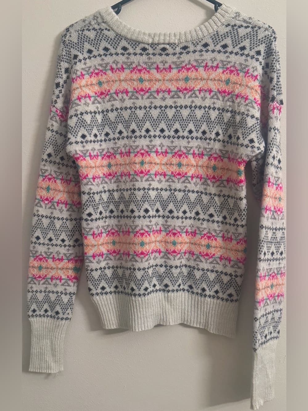 SO Women's Gray Pink Fair Isle Nordic Knit Pullover Sweater Size XL - Thumbnail 2