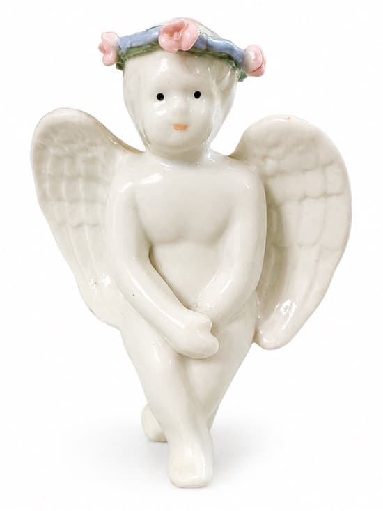 White Ceramic Sitting Cherub Angel Figurine With Rose Wreath - Thumbnail 7
