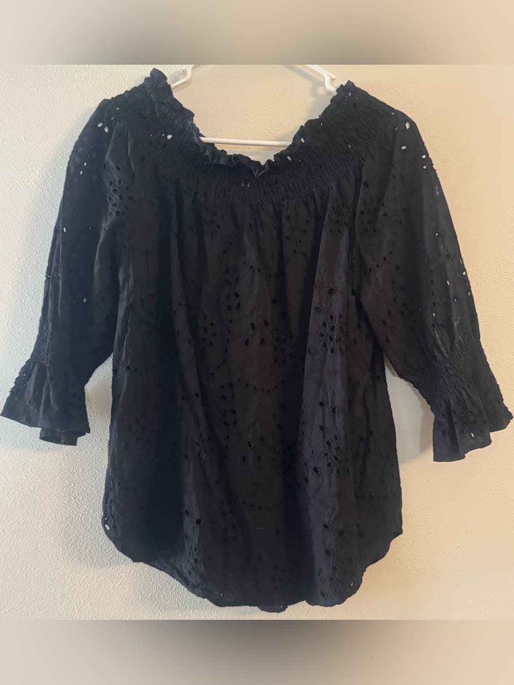 The Pioneer Woman Women's Black Eyelet Peasant Blouse 3/4 Sleeve Size Large