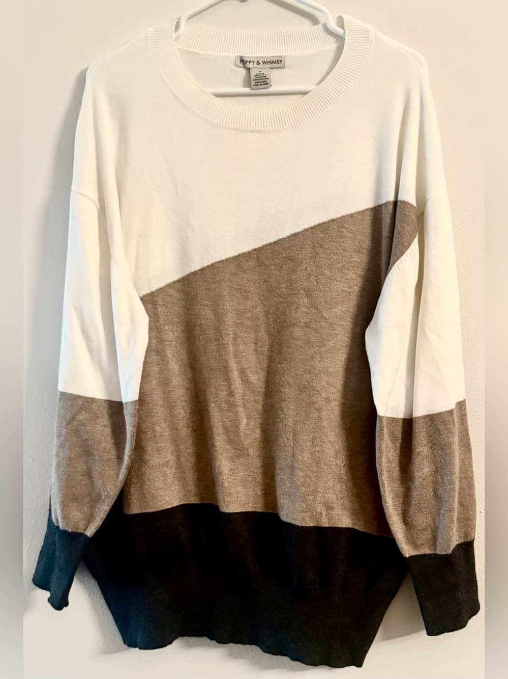 Poppy & Whimsy Colorblock Knit Sweater 1X Cream Taupe Black Plus Size