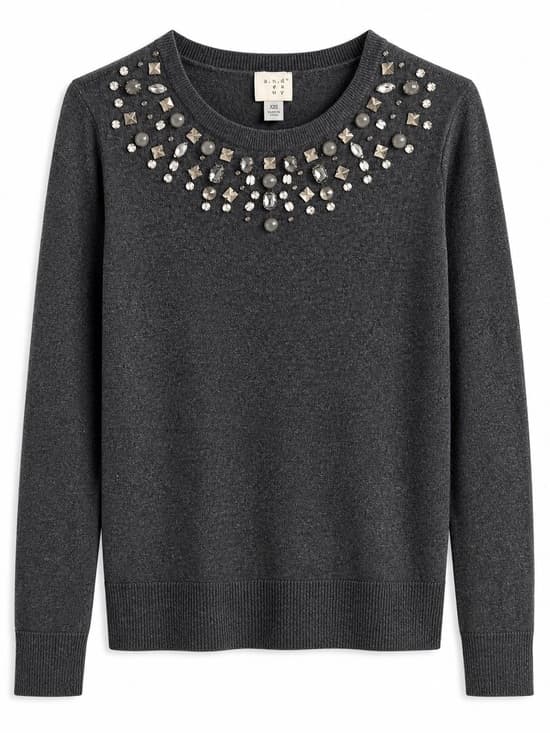 A New Day Women's Gray Embellished Jeweled Neckline Knit Sweater Size XS - Thumbnail 8