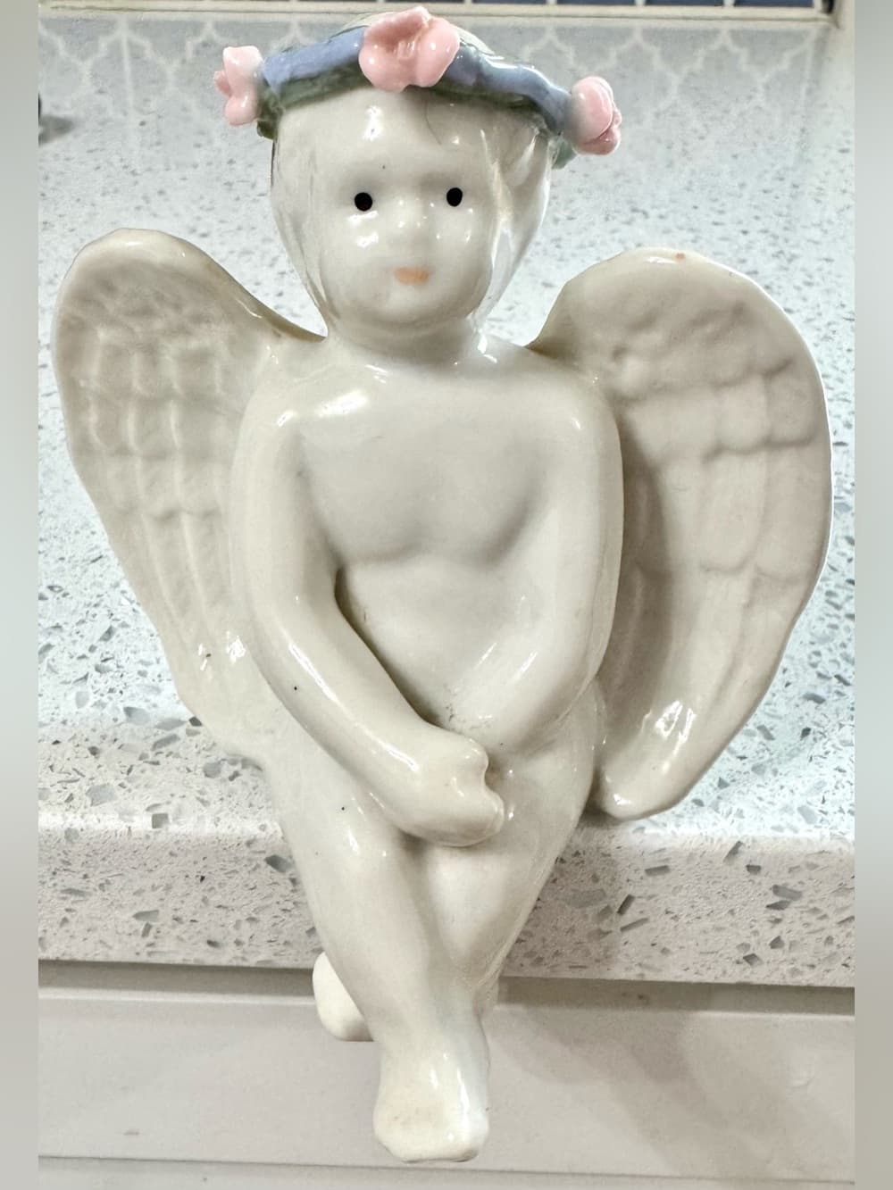White Ceramic Sitting Cherub Angel Figurine With Rose Wreath
