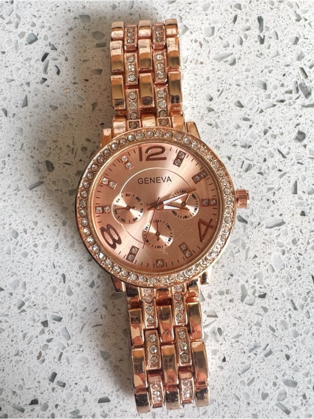 Sterling Silver Watch Rose Gold Tone Rhinestone Dial Analog Bracelet