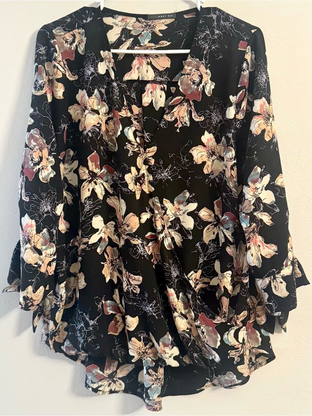 West Kei Black Floral Open Front Blouse Flare Sleeve L
