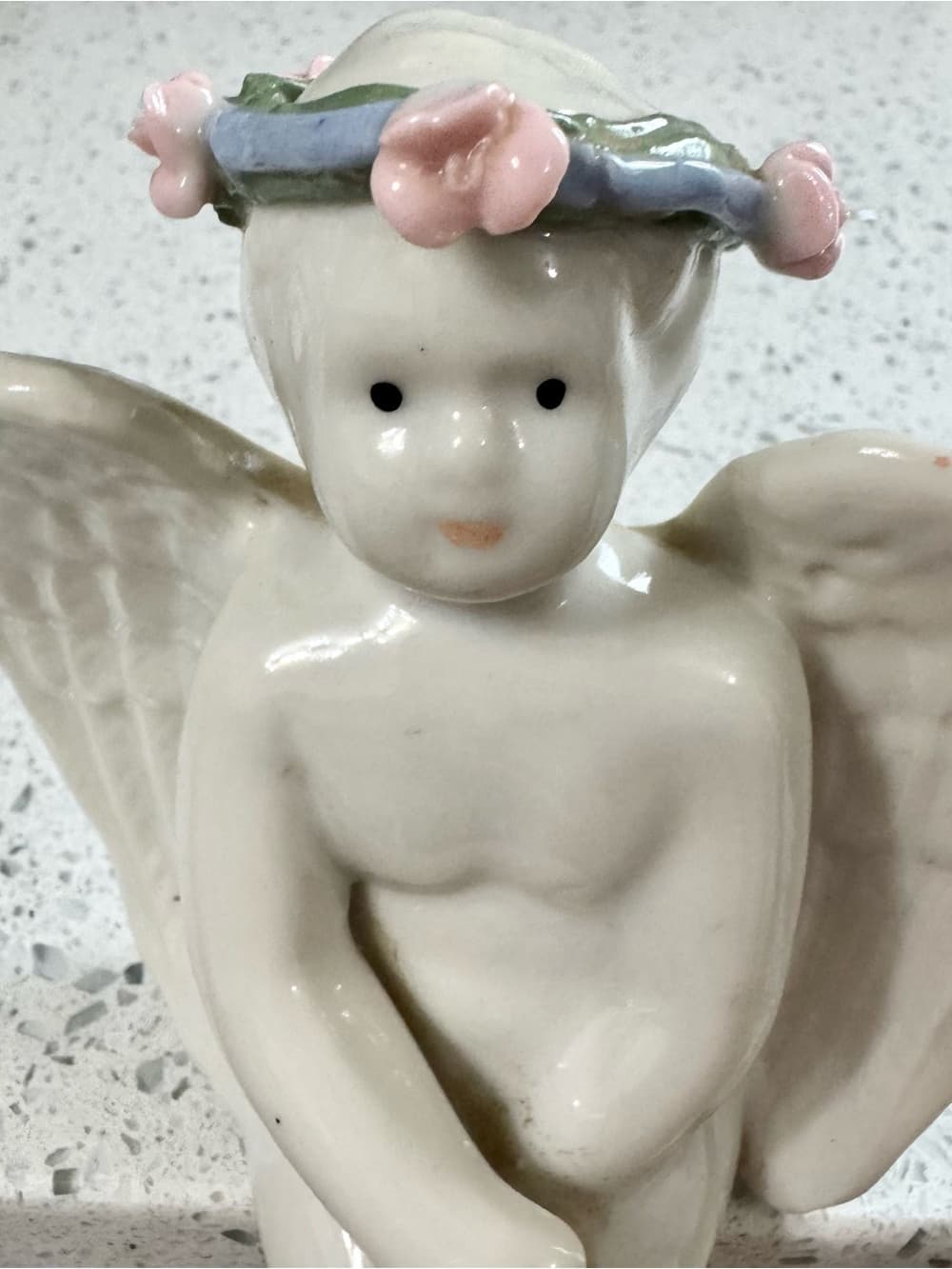 White Ceramic Sitting Cherub Angel Figurine With Rose Wreath - Thumbnail 2
