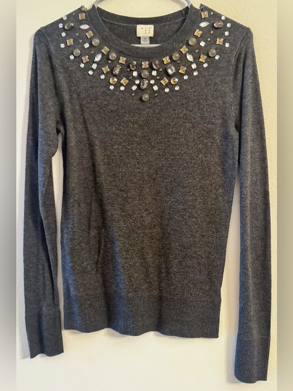 A New Day Women's Gray Embellished Jeweled Neckline Knit Sweater Size XS