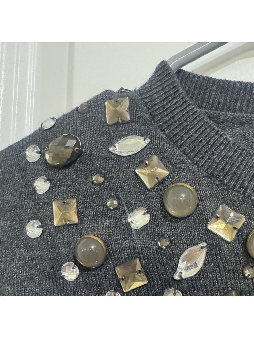 A New Day Women's Gray Embellished Jeweled Neckline Knit Sweater Size XS - Thumbnail 3