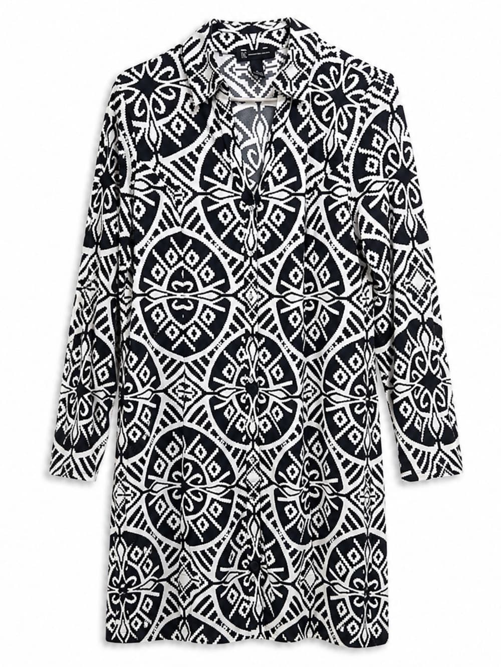 INC Black White Geo Print Button Front Shirt Dress L - Thumbnail 7
