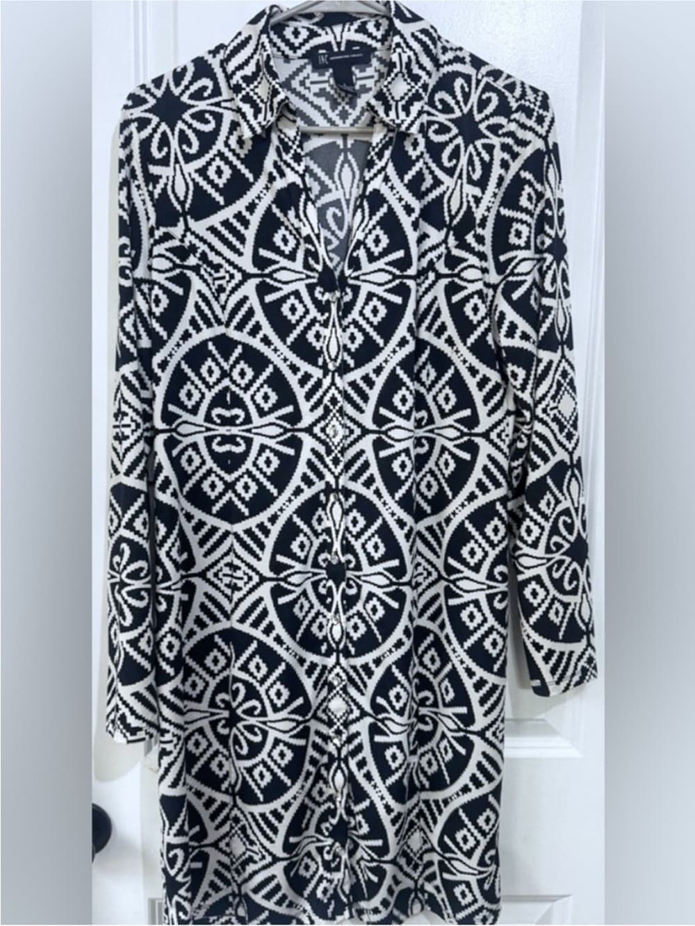INC Black White Geo Print Button Front Shirt Dress L