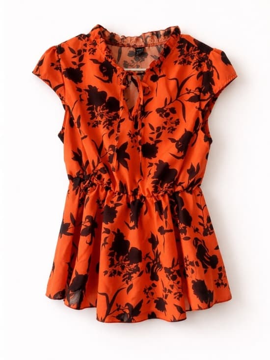SHEIN Floral Ruffle Blouse M Peplum Tie Neck Top Orange Black - Thumbnail 8