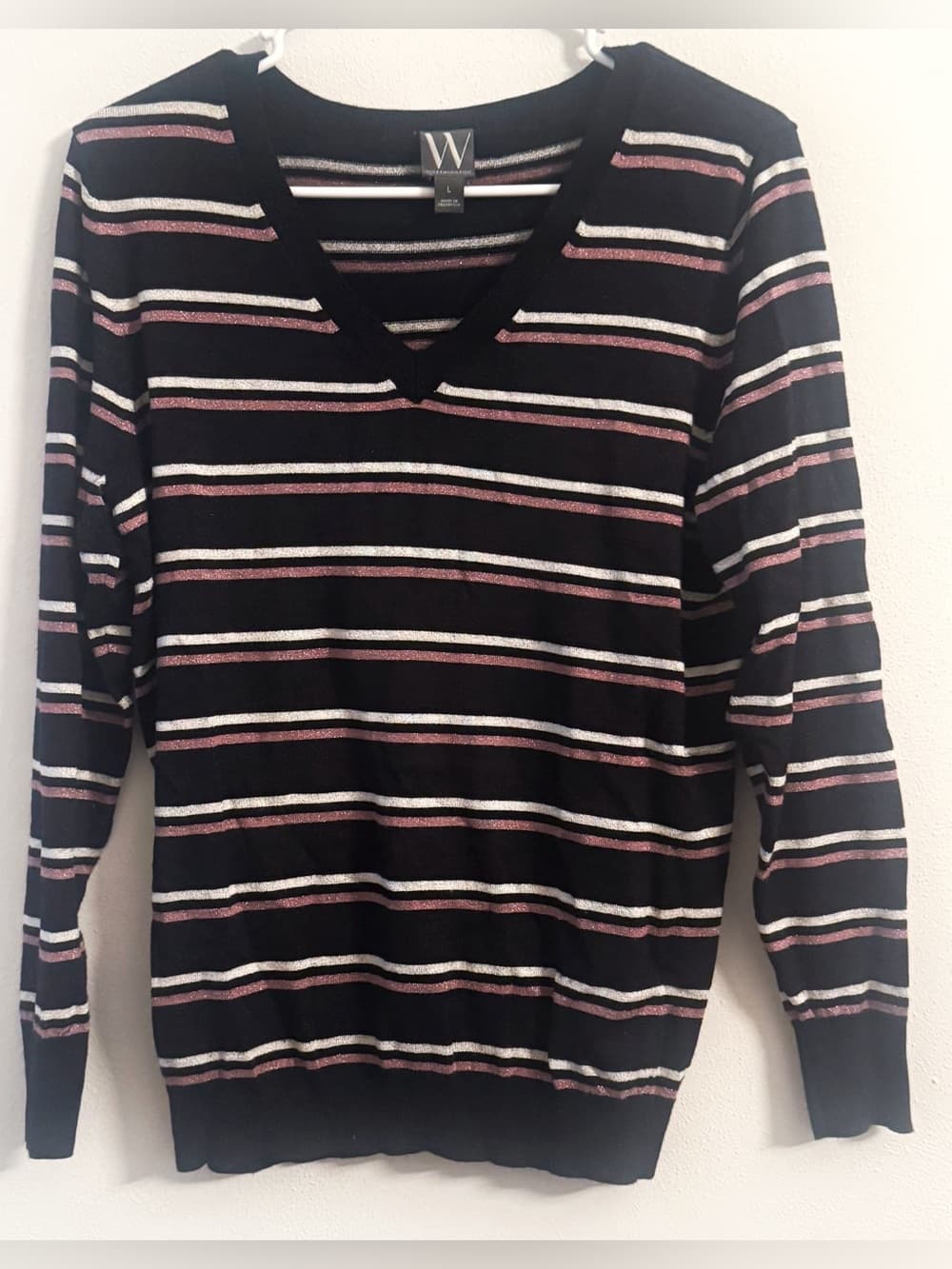 Worthington Women's Black Pink Metallic Striped V-Neck Knit Sweater Size Large