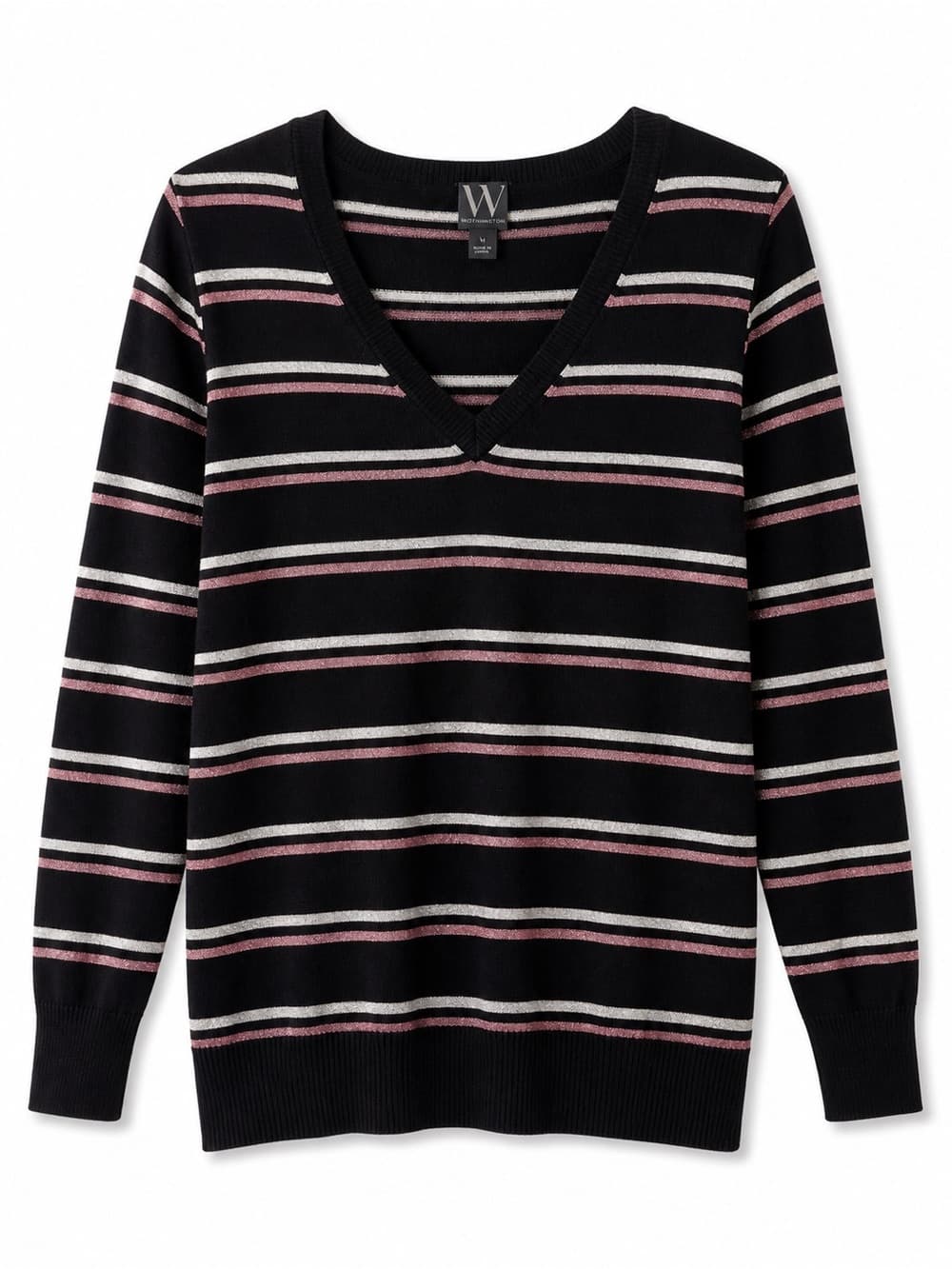 Worthington Women's Black Pink Metallic Striped V-Neck Knit Sweater Size Large - Thumbnail 7