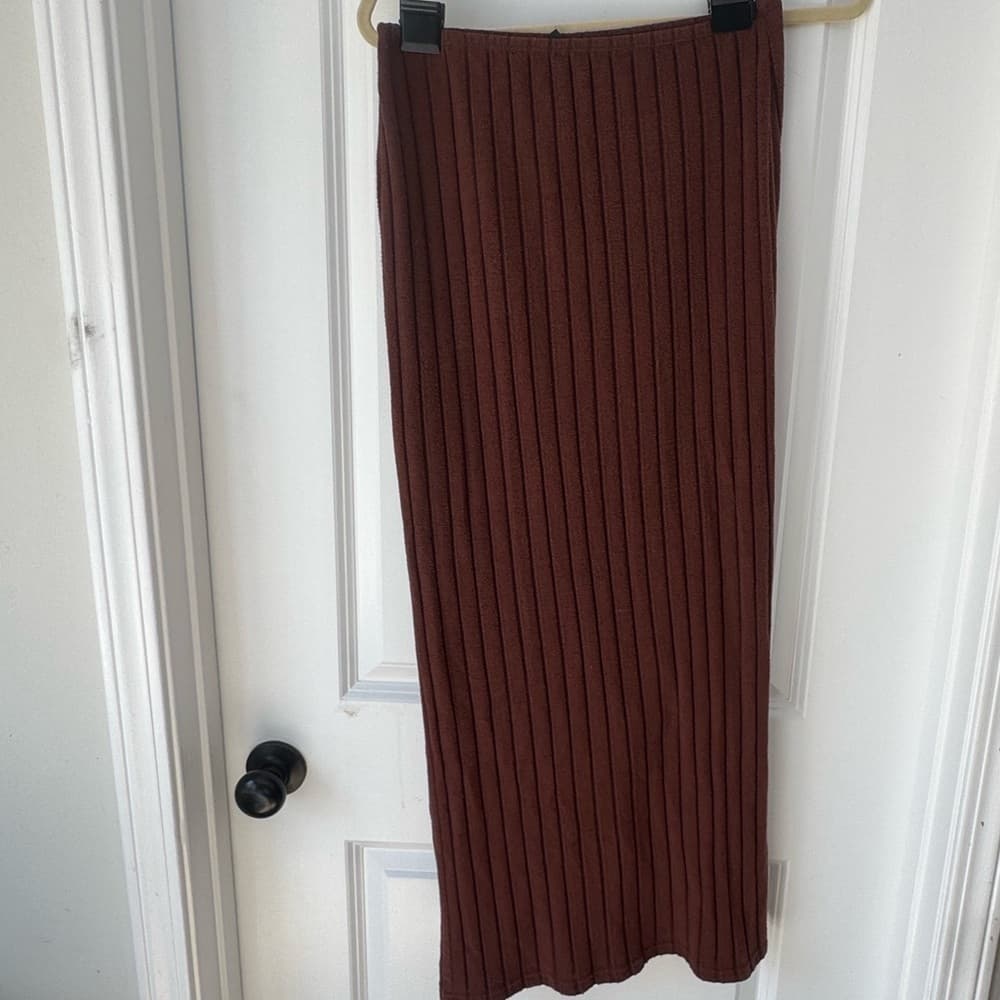 SHEIN Women's Brown Ribbed Knit High Waisted Midi Skirt Stretch Size Large