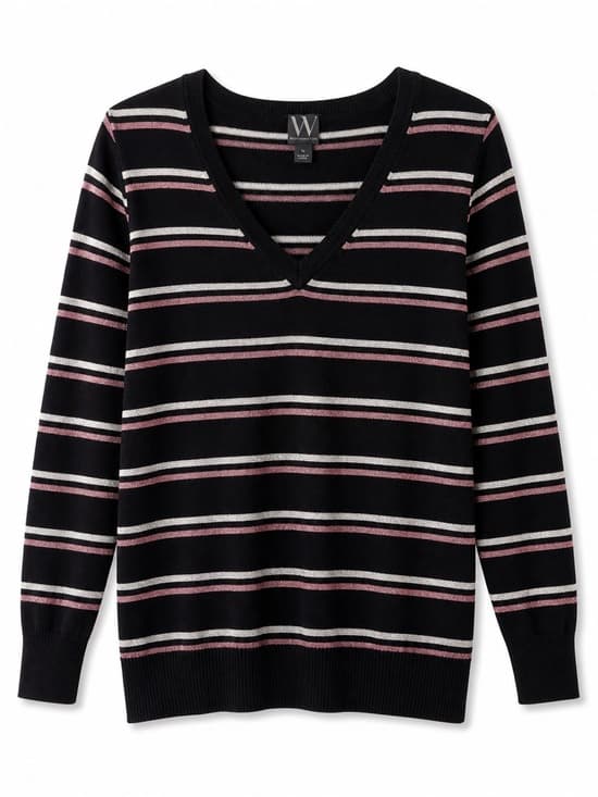 Worthington Women's Black Pink Metallic Striped V-Neck Knit Sweater Size Large - Thumbnail 8