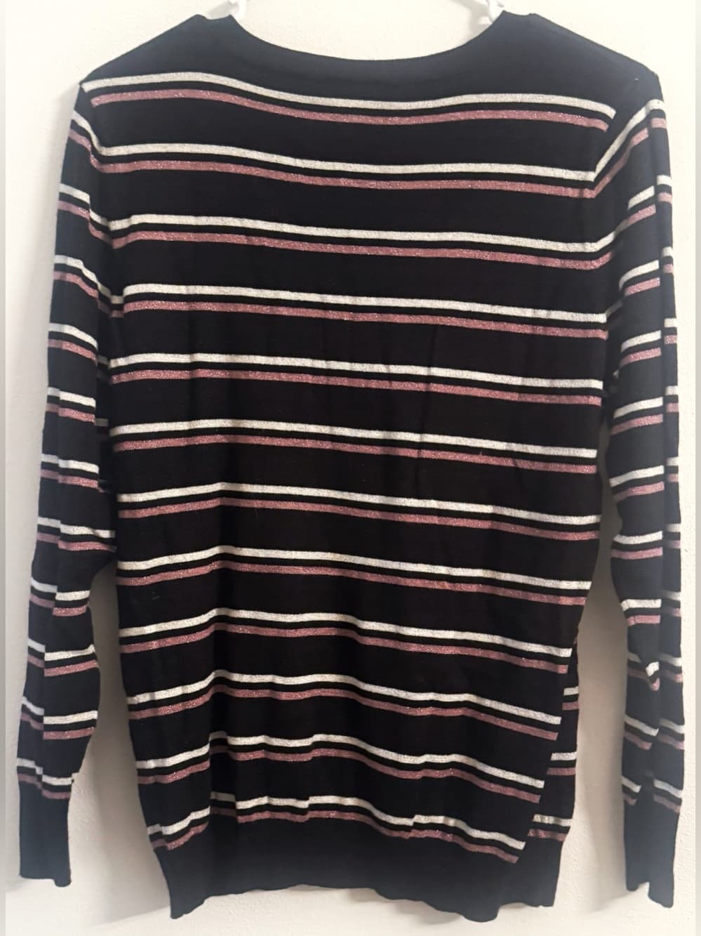 Worthington Women's Black Pink Metallic Striped V-Neck Knit Sweater Size Large - Thumbnail 2