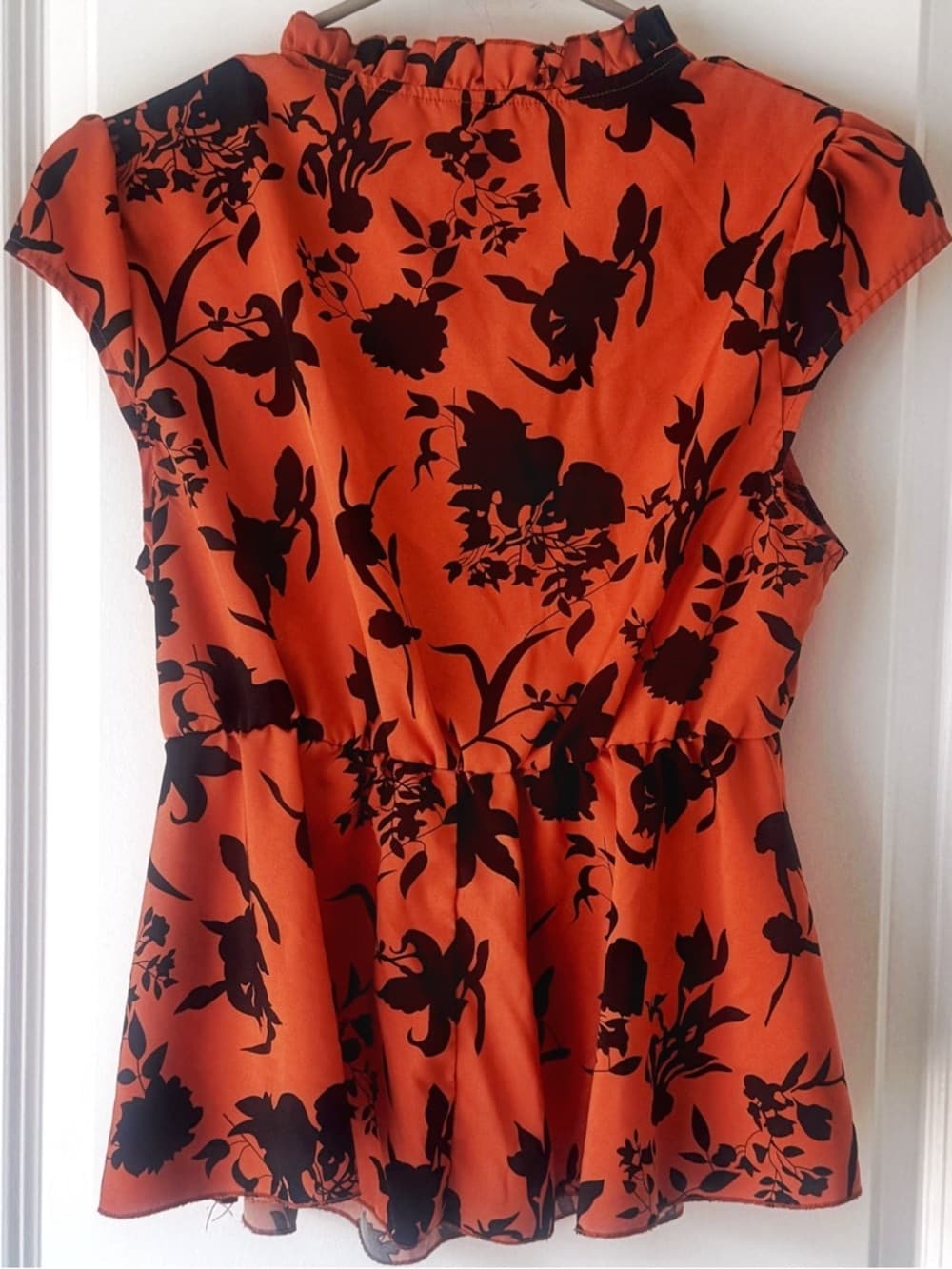 SHEIN Floral Ruffle Blouse M Peplum Tie Neck Top Orange Black - Thumbnail 2