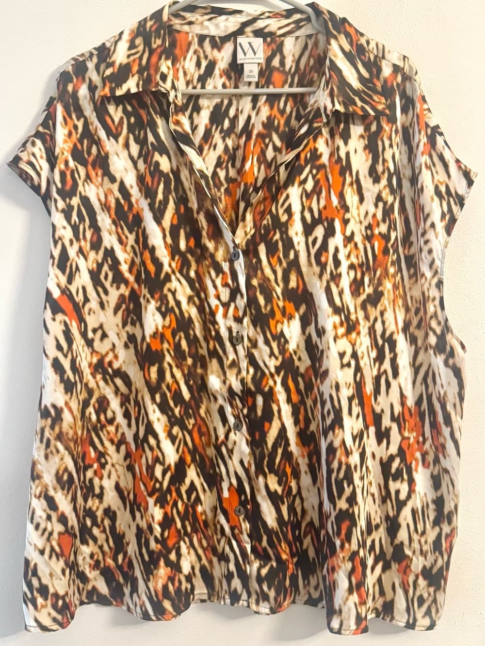 Worthington Orange Black Abstract Print Blouse 2X Plus Size Short Sleeve