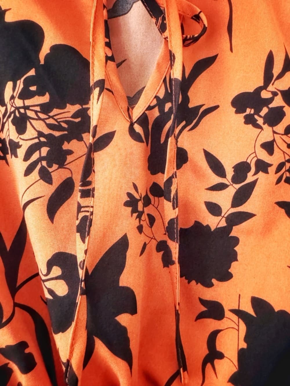 SHEIN Floral Ruffle Blouse M Peplum Tie Neck Top Orange Black - Thumbnail 3