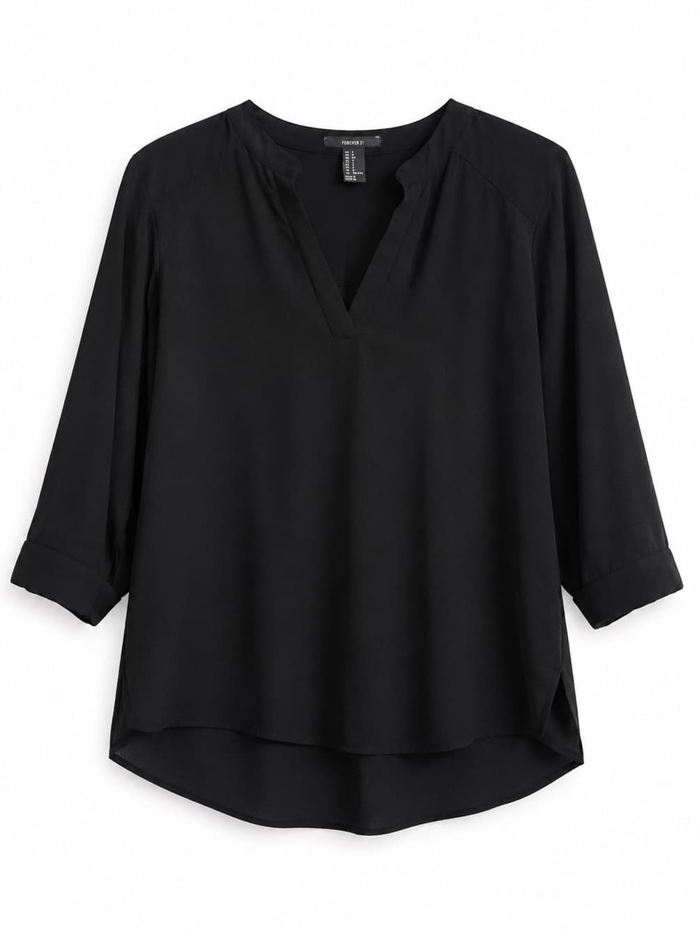 Forever 21 Black V-Neck 3/4 Sleeve Blouse L Flowy Chiffon Casual Workwear - Thumbnail 8