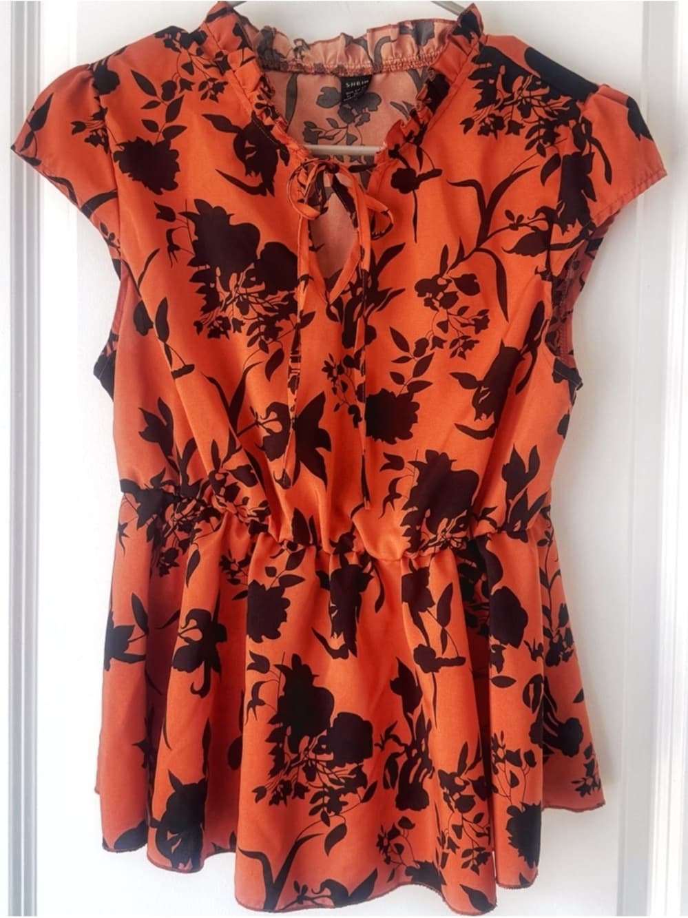 SHEIN Floral Ruffle Blouse M Peplum Tie Neck Top Orange Black