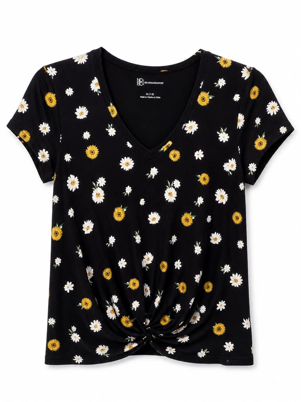 No Boundaries Black Daisy Floral Twist Front Tee M V-Neck Short Sleeve - Thumbnail 6