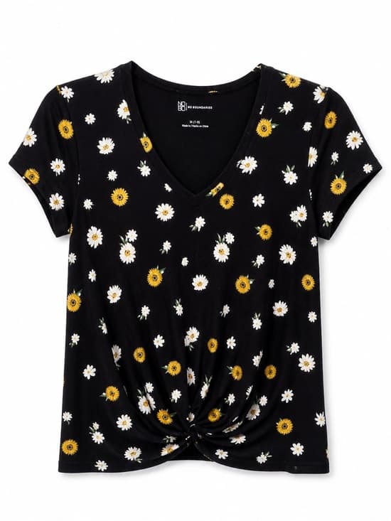 No Boundaries Black Daisy Floral Twist Front Tee M V-Neck Short Sleeve - Thumbnail 7