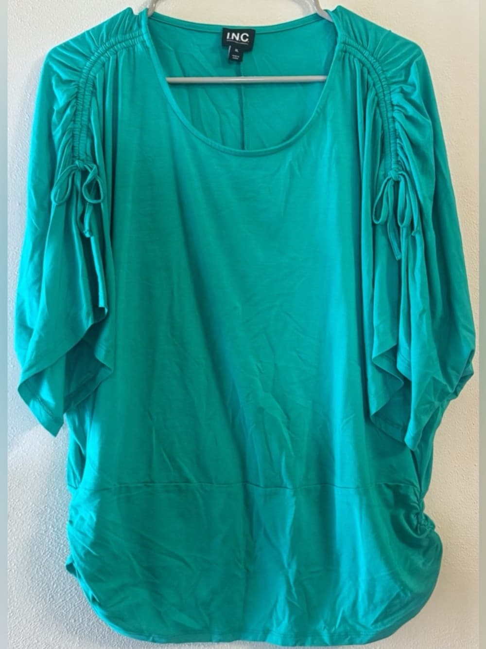 INC Teal Ruched Sleeve Blouse XL Dressy Casual