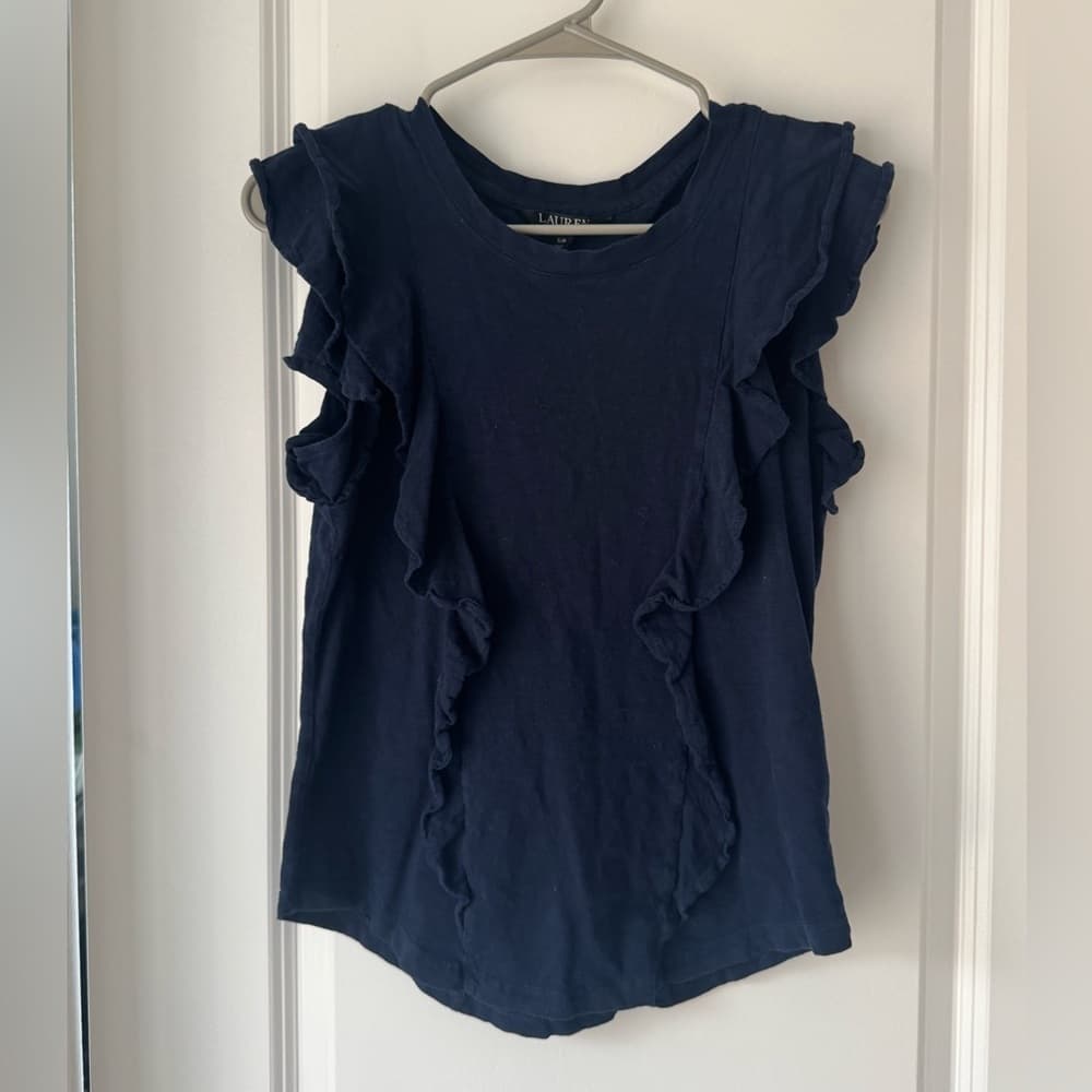 Lauren Ralph Lauren Navy Ruffle Sleeve Blouse SP Petite Cotton Preppy
