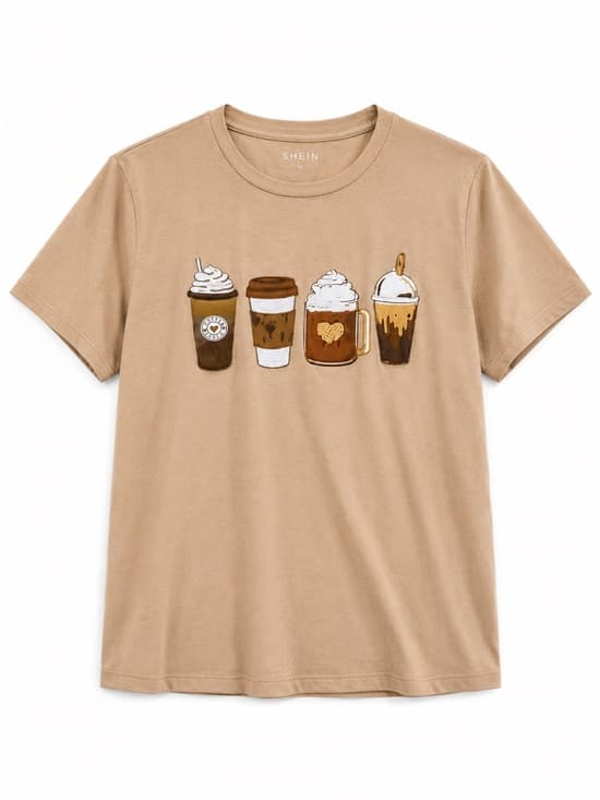 SHEIN Tan Coffee Graphic Short Sleeve Tee M - Thumbnail 7