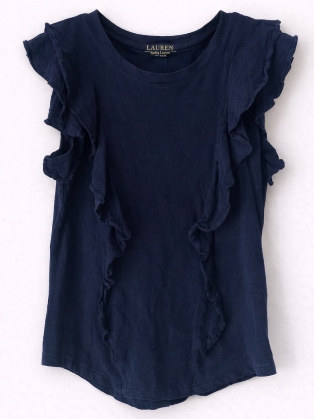 Lauren Ralph Lauren Navy Ruffle Sleeve Blouse SP Petite Cotton Preppy - Thumbnail 6