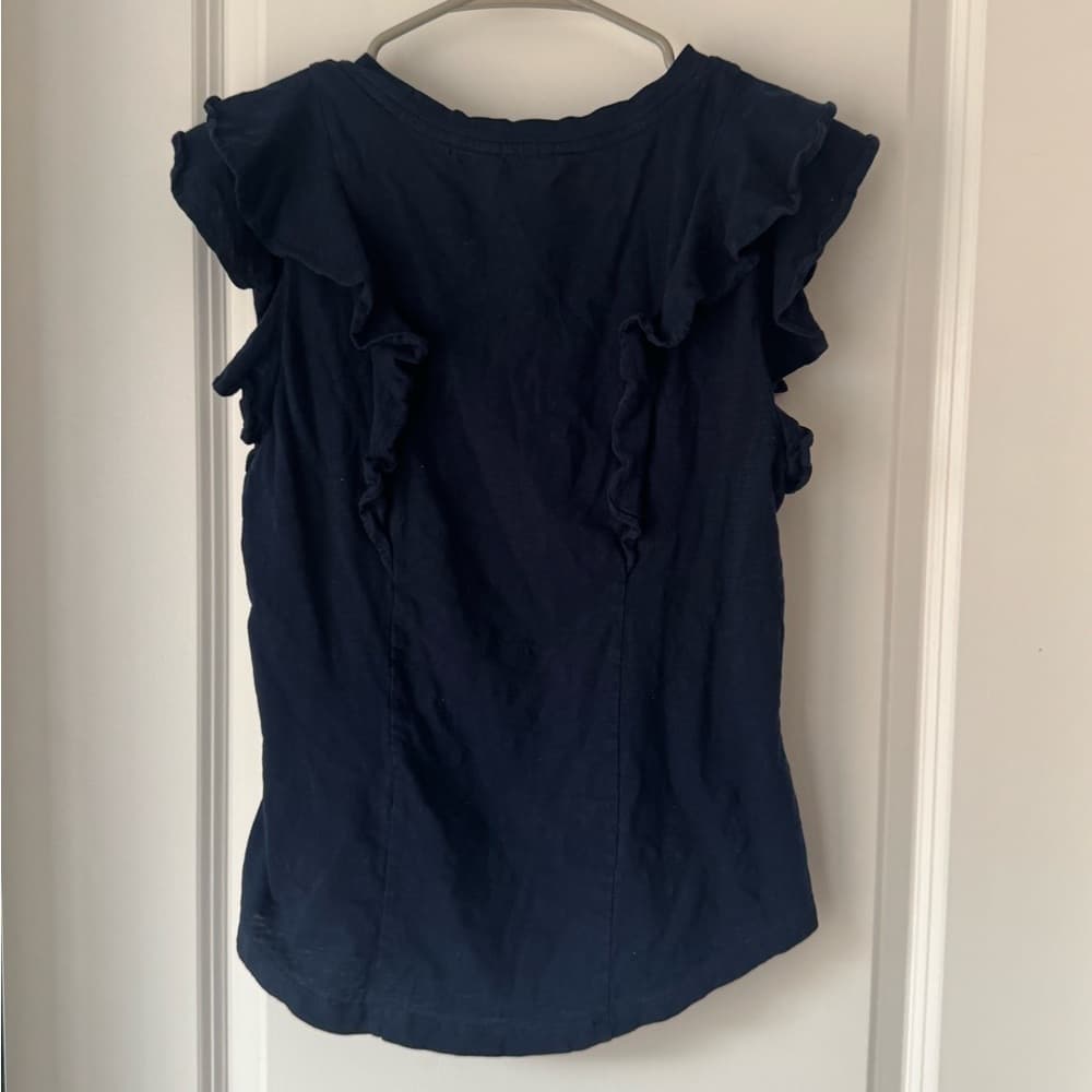 Lauren Ralph Lauren Navy Ruffle Sleeve Blouse SP Petite Cotton Preppy - Thumbnail 2