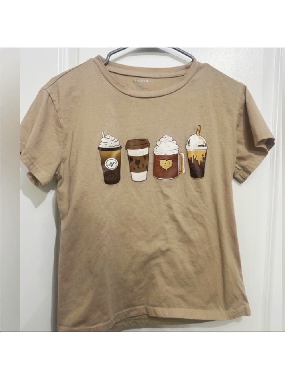 SHEIN Tan Coffee Graphic Short Sleeve Tee M