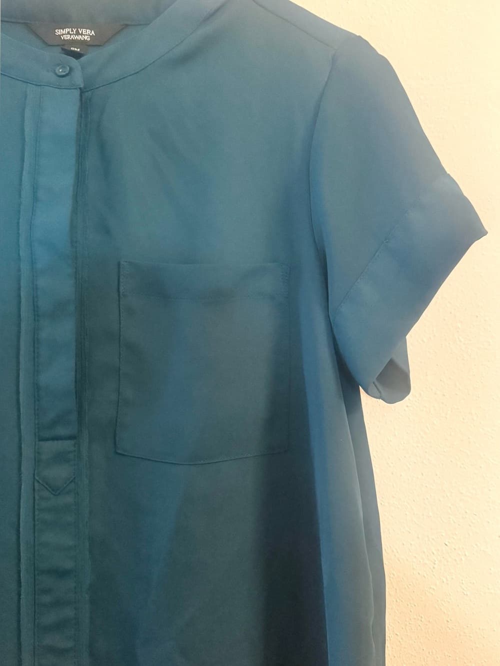 Simply Vera Wang Teal Short Sleeve Blouse MP Petite Chest Pocket - Thumbnail 3